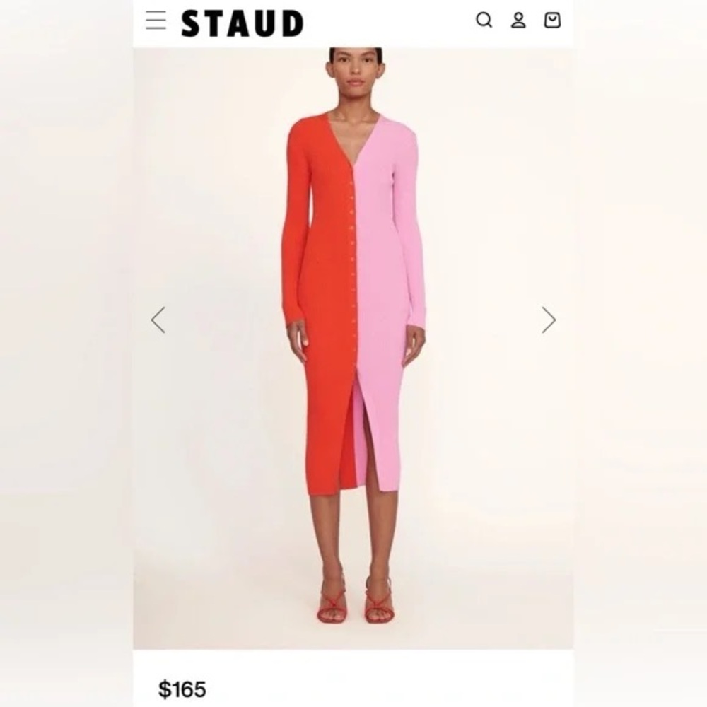 STAUD Colorblock Red & Pink Ribbed Button-Front Midi Dress